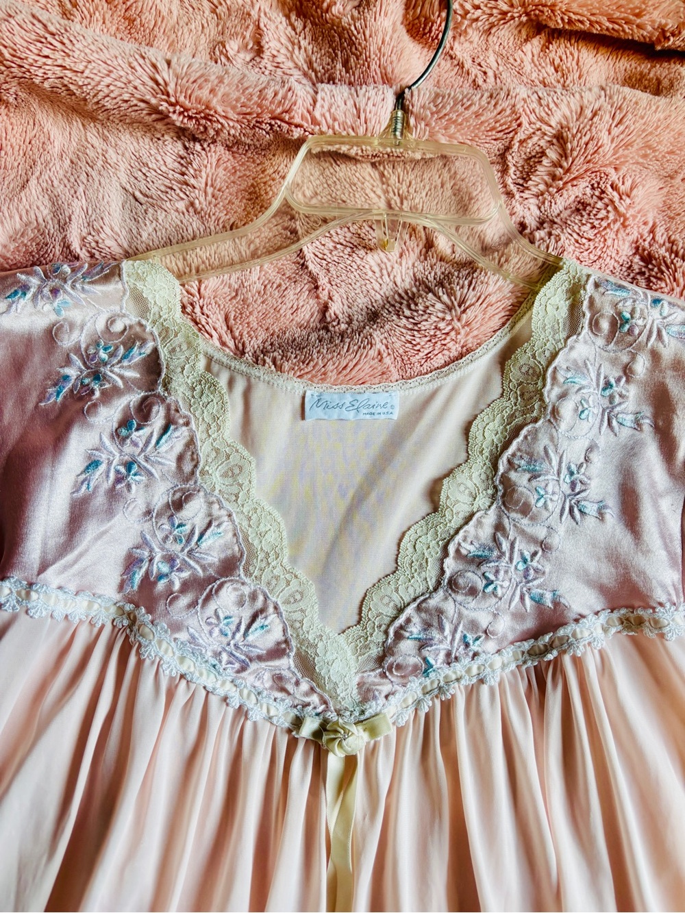 Vintage Miss Elaine Pink Long Nightgown Lace Embroidered Floral Made in USA